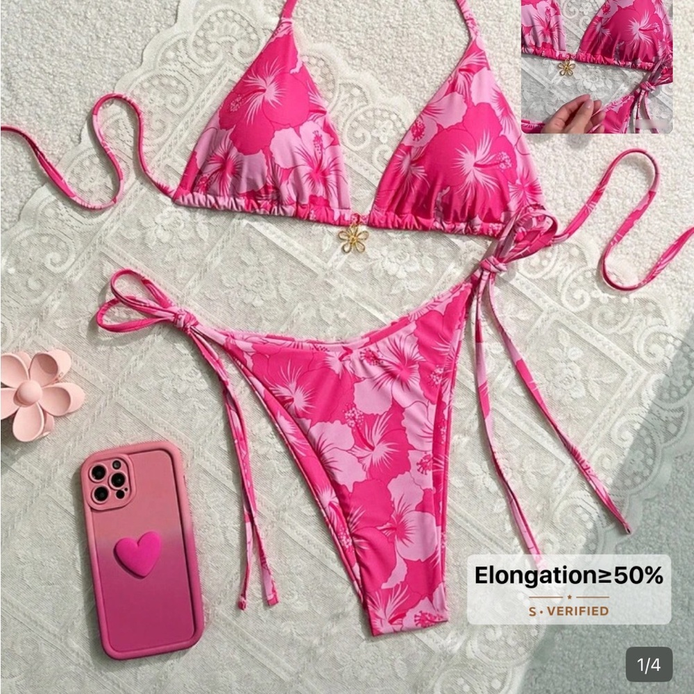 SHEIN Pink Floral Triangle Tie-Side Bikini